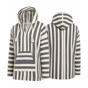 Beach Life Baja Hoodie Pullover L Cream Navy Striped Southwestern Boho Beach